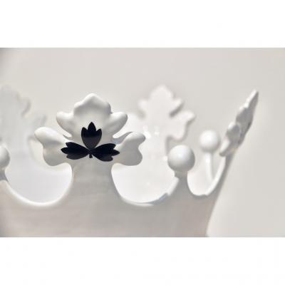 Contemporary Italian Enameled Black White Majolica Crown Bowl Platinum Accents