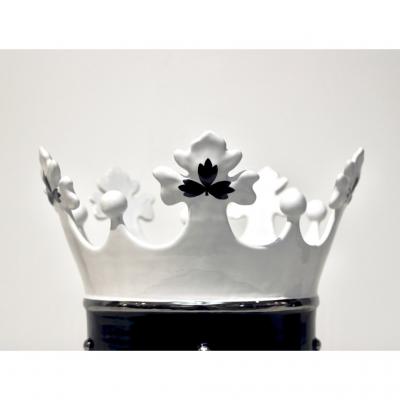 Contemporary Italian Enameled Black White Majolica Crown Bowl Platinum Accents