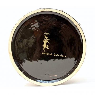 Contemporary Italian Enameled Black White Majolica Crown Bowl Platinum Accents