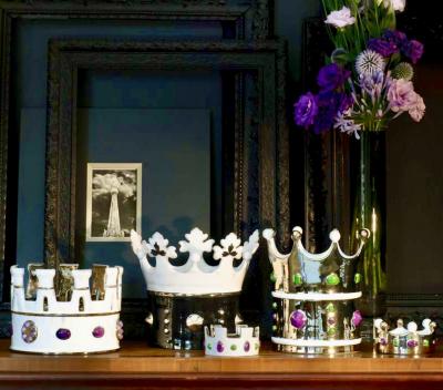 Contemporary Italian Enameled Black White Majolica Crown Bowl Platinum Accents