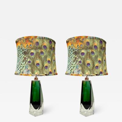 Contemporary Italian Forest Green Diamond Cut Crystal Murano Glass Table Lamps