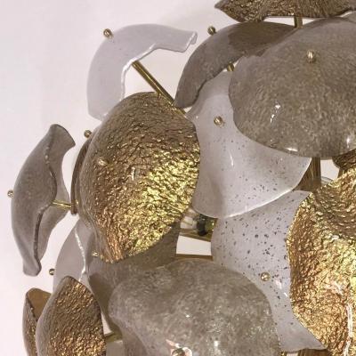 Contemporary Italian Gold Silver White Scavo Murano Glass Round Leaf Flushmount