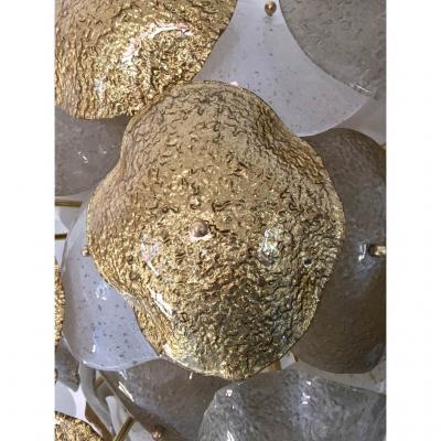 Contemporary Italian Gold Silver White Scavo Murano Glass Round Leaf Flushmount