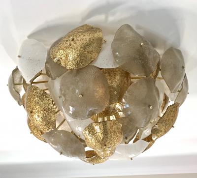 Contemporary Italian Gold Silver White Scavo Murano Glass Round Leaf Flushmount