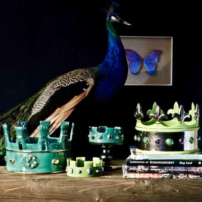 Contemporary Italian Hunter Green Majolica Crown Bowl with Pure Gold Accents