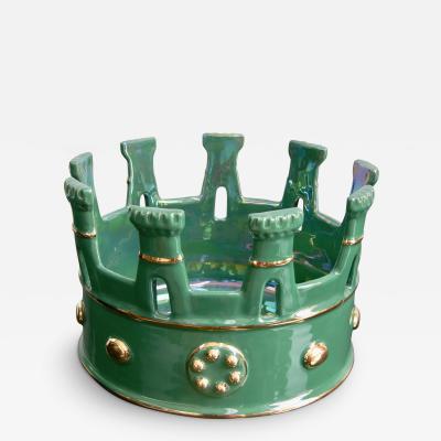 Contemporary Italian Hunter Green Majolica Crown Bowl with Pure Gold Accents