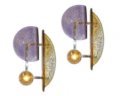 Contemporary Italian Mauve Plum Amber Murano Glass Post Modern Gold Brass Sconce