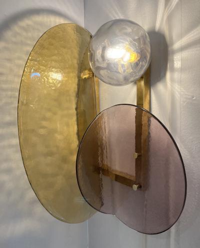 Contemporary Italian Mauve Plum Amber Murano Glass Post Modern Gold Brass Sconce