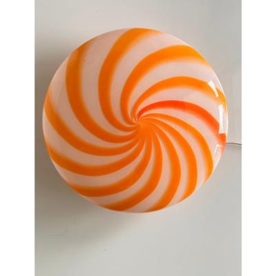 Contemporary Italian Milky White and Clear Amber Swirls Murano Glass Flush Mount