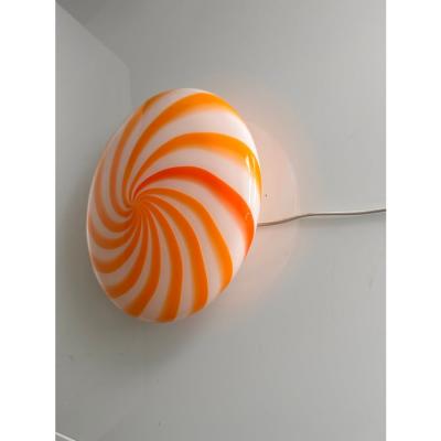 Contemporary Italian Milky White and Clear Amber Swirls Murano Glass Flush Mount