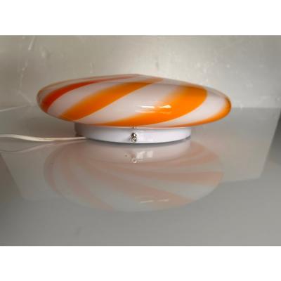 Contemporary Italian Milky White and Clear Amber Swirls Murano Glass Flush Mount