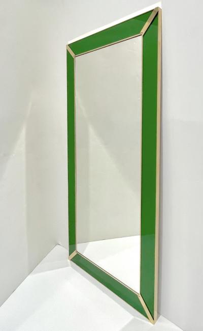 Contemporary Italian Minimalist Design Green Glass Mirror with Brass Accents