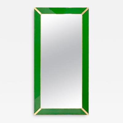Contemporary Italian Minimalist Design Green Glass Mirror with Brass Accents