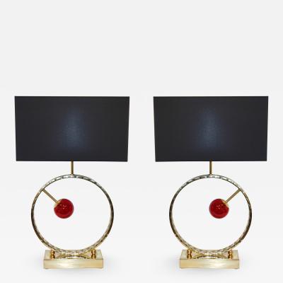 Contemporary Italian Monumental Pair of Brass Red Murano Glass Console Lamps