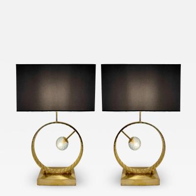 Contemporary Italian Monumental Pair of Brass Smoked Murano Glass Table Lamps