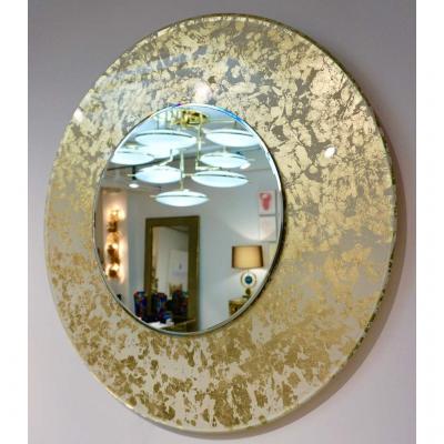 Contemporary Italian Organic Modern Ivory White and Gold Leaf Round Lit Mirror