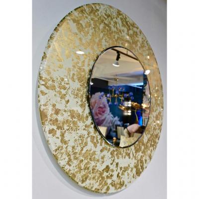 Contemporary Italian Organic Modern Ivory White and Gold Leaf Round Lit Mirror