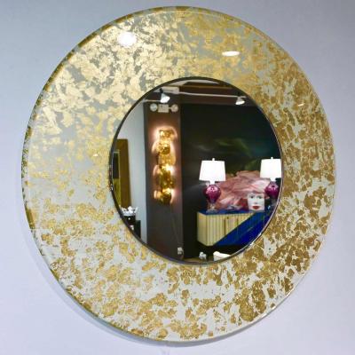 Contemporary Italian Organic Modern Ivory White and Gold Leaf Round Lit Mirror