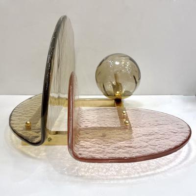 Contemporary Italian Pair of Organic Pink Amber Murano Glass Gold Brass Sconces