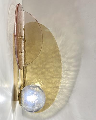 Contemporary Italian Pair of Organic Pink Amber Murano Glass Gold Brass Sconces