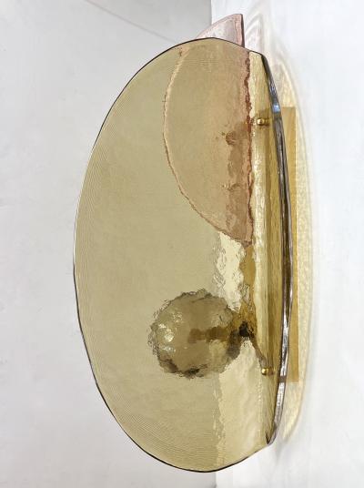 Contemporary Italian Pair of Organic Pink Amber Murano Glass Gold Brass Sconces