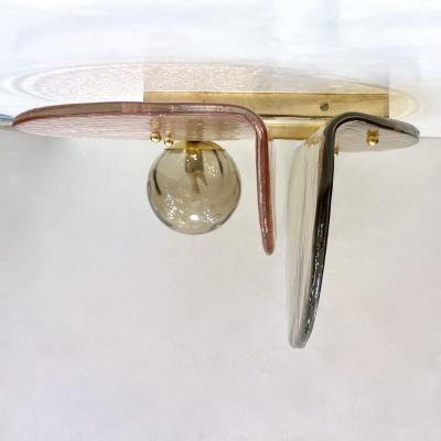 Contemporary Italian Pair of Organic Pink Amber Murano Glass Gold Brass Sconces