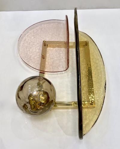 Contemporary Italian Pair of Organic Pink Amber Murano Glass Gold Brass Sconces