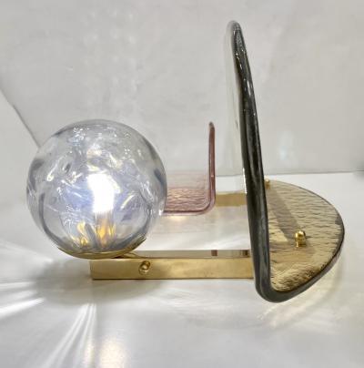 Contemporary Italian Pair of Organic Pink Amber Murano Glass Gold Brass Sconces
