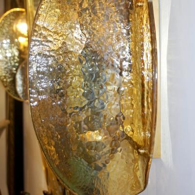 Contemporary Italian Pair of Pink and Amber Murano Glass Gold Brass Sconces