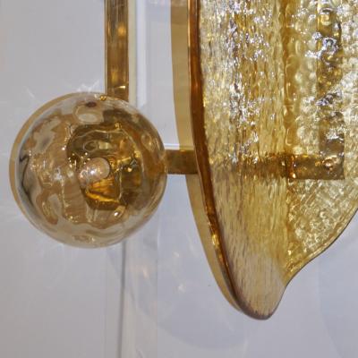 Contemporary Italian Pair of Pink and Amber Murano Glass Gold Brass Sconces