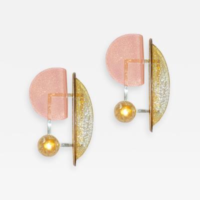 Contemporary Italian Pair of Pink and Amber Murano Glass Gold Brass Sconces