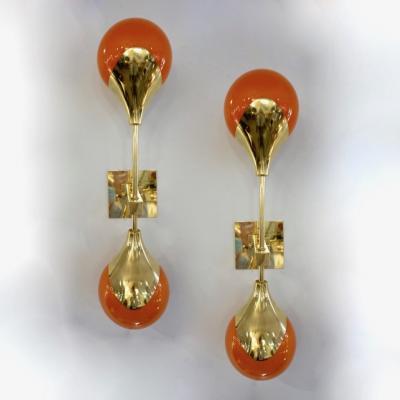 Contemporary Italian Pair of Two Globe White Orange Murano Glass Brass Sconces