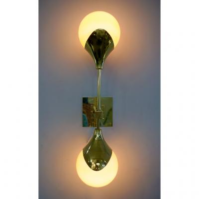 Contemporary Italian Pair of Two Globe White Orange Murano Glass Brass Sconces