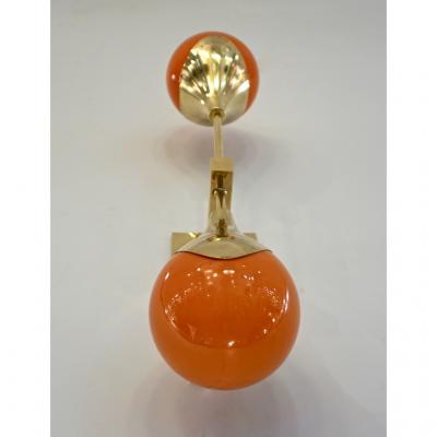 Contemporary Italian Pair of Two Globe White Orange Murano Glass Brass Sconces