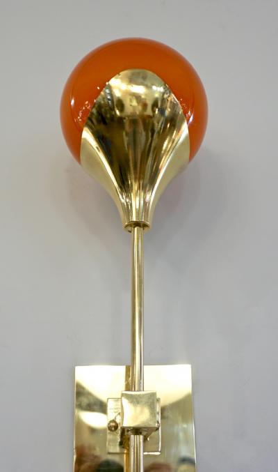 Contemporary Italian Pair of Two Globe White Orange Murano Glass Brass Sconces