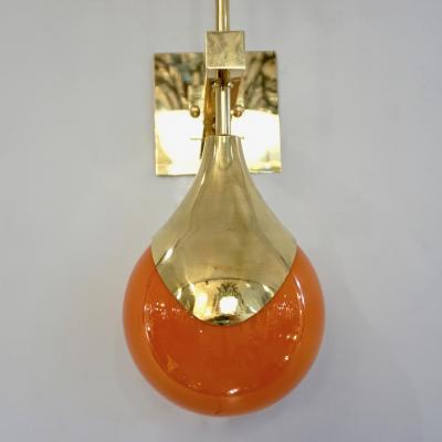 Contemporary Italian Pair of Two Globe White Orange Murano Glass Brass Sconces