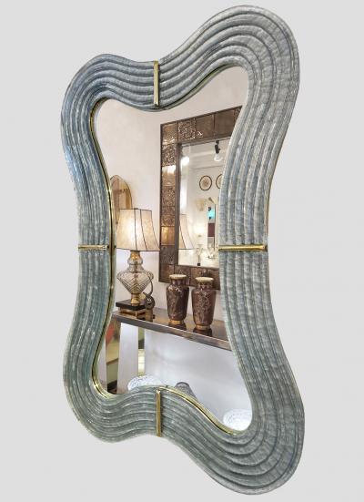 Contemporary Italian Pearl Gray Blue Murano Glass Curved Mirror Brass Accents