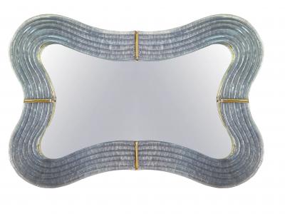 Contemporary Italian Pearl Gray Blue Murano Glass Curved Mirror Brass Accents