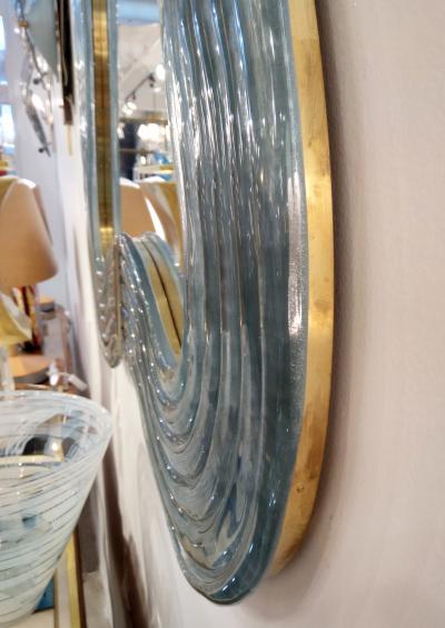 Contemporary Italian Pearl Gray Blue Murano Glass Curved Mirror Brass Accents