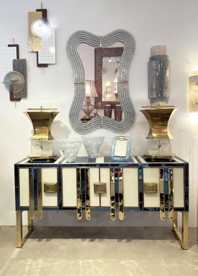 Contemporary Italian Pearl Gray Blue Murano Glass Curved Mirror Brass Accents