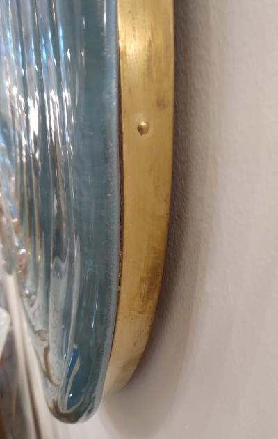 Contemporary Italian Pearl Gray Blue Murano Glass Curved Mirror Brass Accents