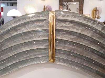 Contemporary Italian Pearl Gray Blue Murano Glass Curved Mirror Brass Accents