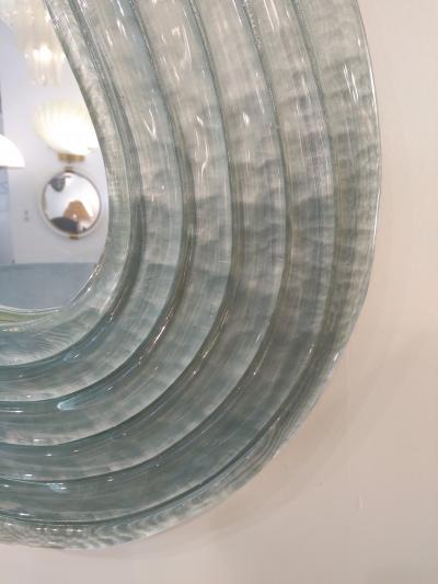 Contemporary Italian Pearl Gray Blue Murano Glass Curved Mirror Brass Accents