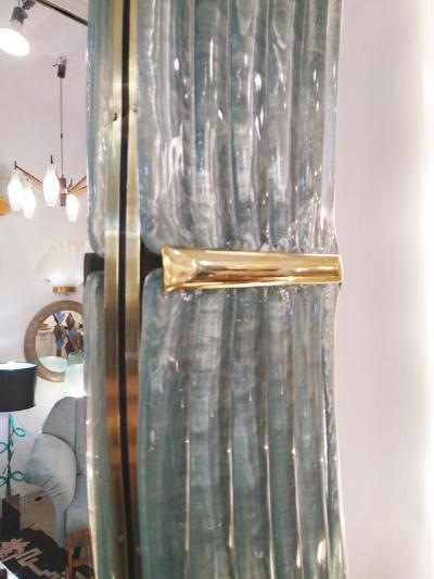 Contemporary Italian Pearl Gray Blue Murano Glass Curved Mirror Brass Accents