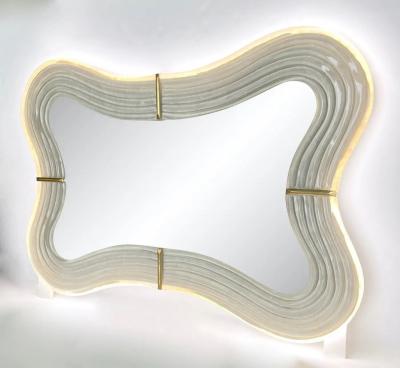 Contemporary Italian Pearl White Cream Murano Glass Brass Backlit Curved Mirror