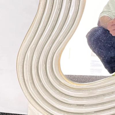 Contemporary Italian Pearl White Cream Murano Glass Brass Backlit Curved Mirror