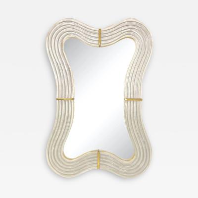 Contemporary Italian Pearl White Cream Murano Glass Brass Backlit Curved Mirror