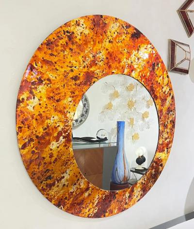 Contemporary Italian Postmodern Orange Copper Enamel Fiber Glass Round Mirror