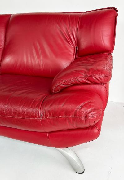 Contemporary Italian Red Leather Love Seat Metal Legs