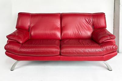 Contemporary Italian Red Leather Love Seat Metal Legs